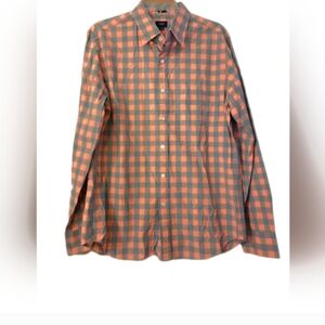 J Crew Button Down Plaid Shirt Teal/Coral Slim 100% Cotton Size Large